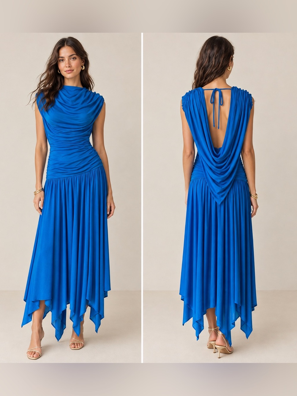 Vintage Casadei Royal Blue Ruched Draped Back Handkerchief Hem Dress size 6